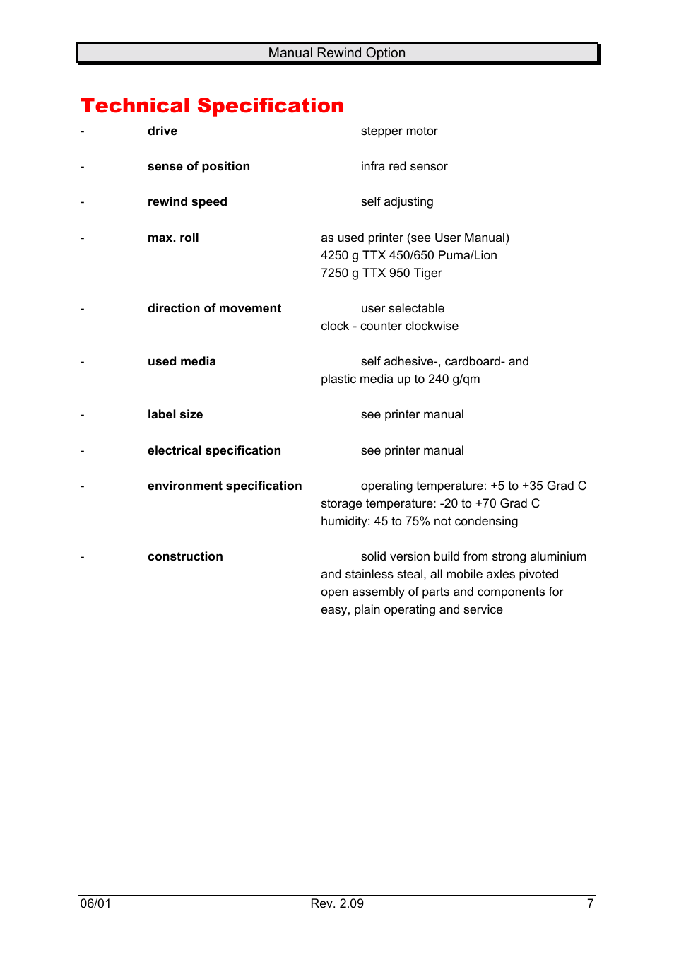 Technical specification | Avery Dennison Rewinder User Manual | Page 7 / 35