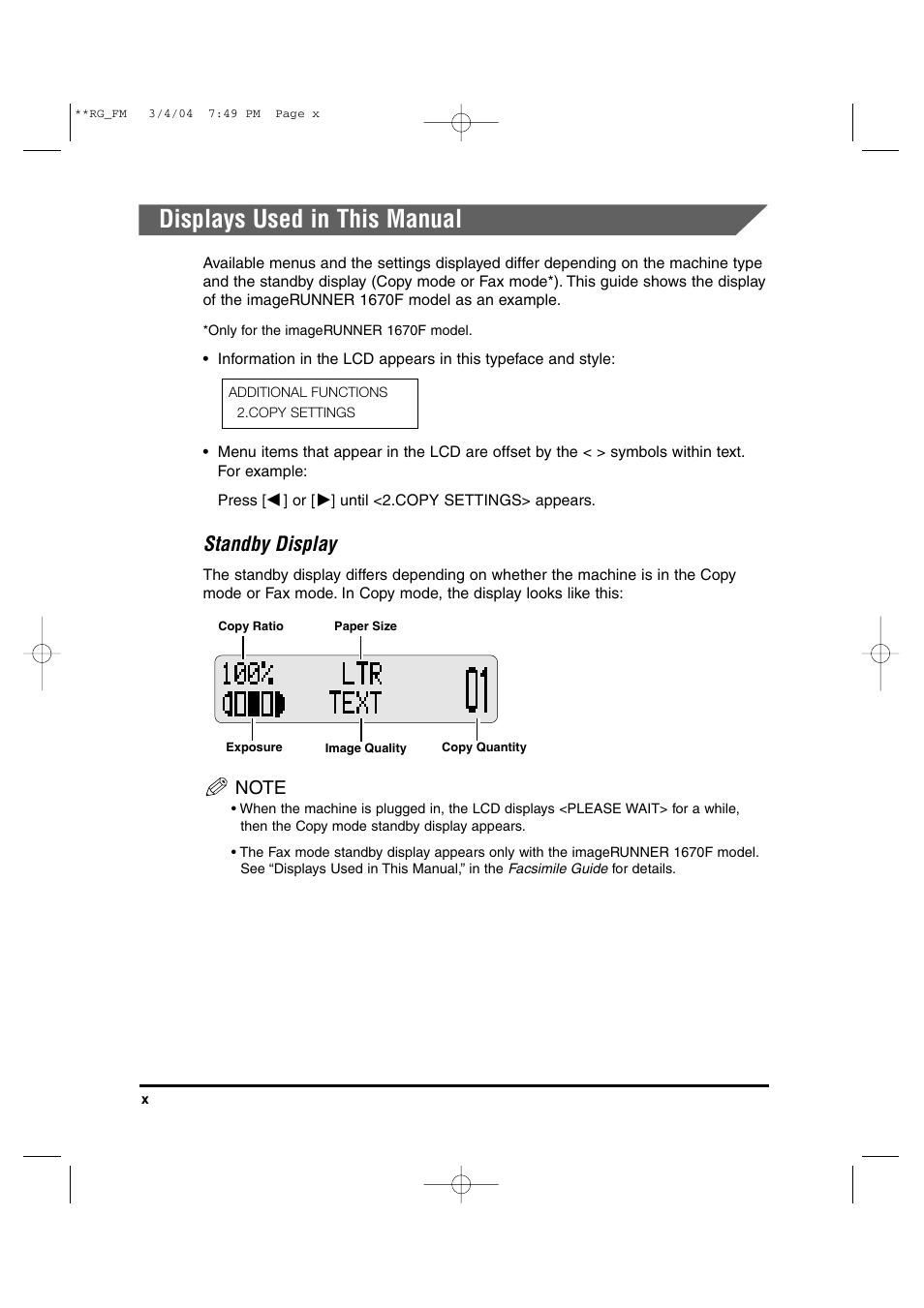 Displays used in this manual, Standby display | Canon IMAGERUNNER 1670F User Manual | Page 11 / 134