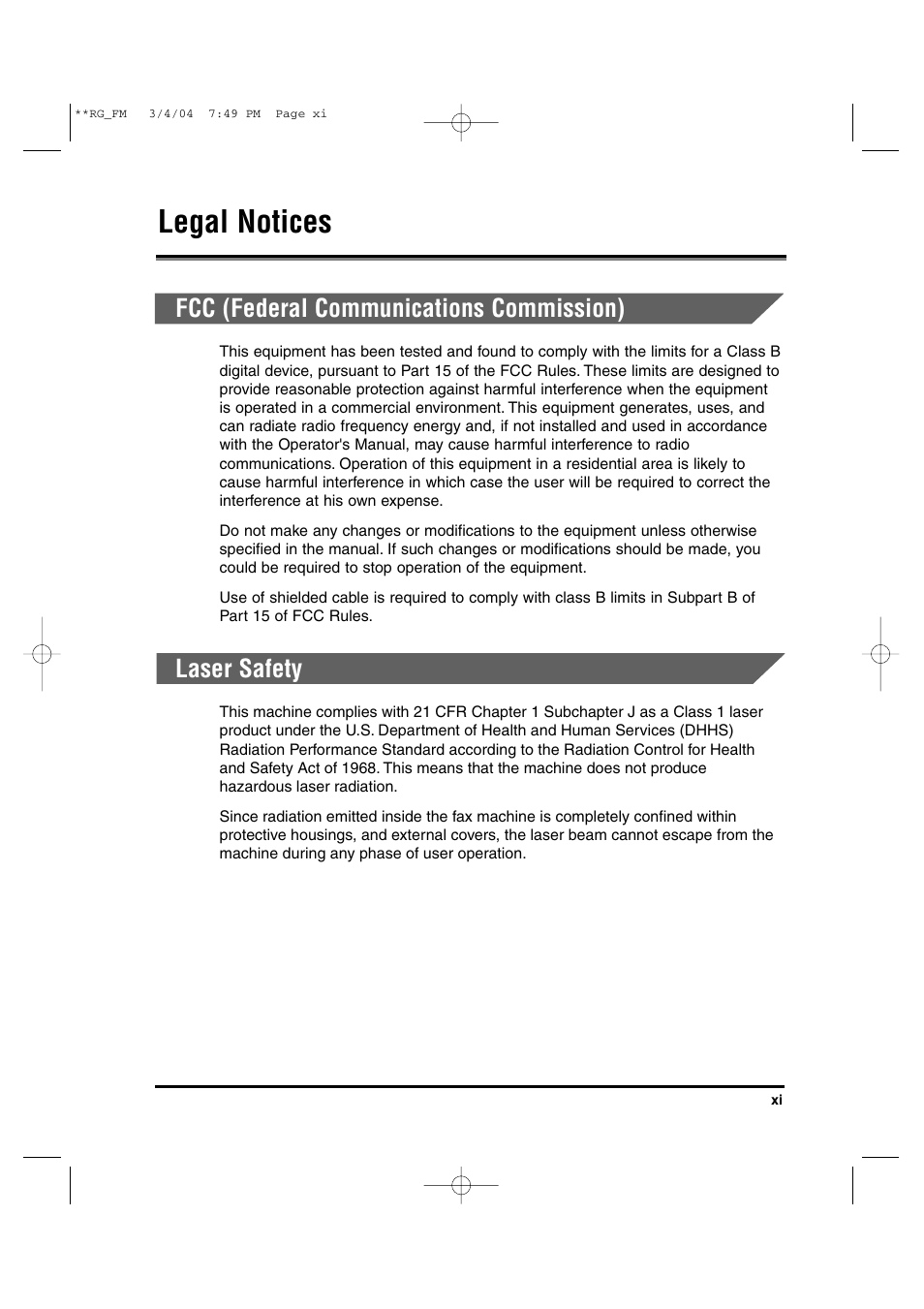 Legal notices, Fcc (federal communications commission), Laser safety | Canon IMAGERUNNER 1670F User Manual | Page 12 / 134