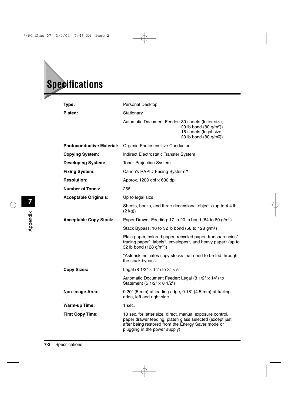 Specifications | Canon IMAGERUNNER 1670F User Manual | Page 125 / 134