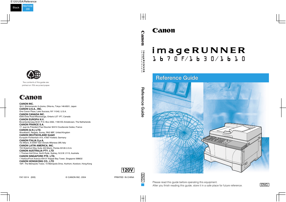 Reference guide, 120v | Canon IMAGERUNNER 1670F User Manual | Page 134 / 134