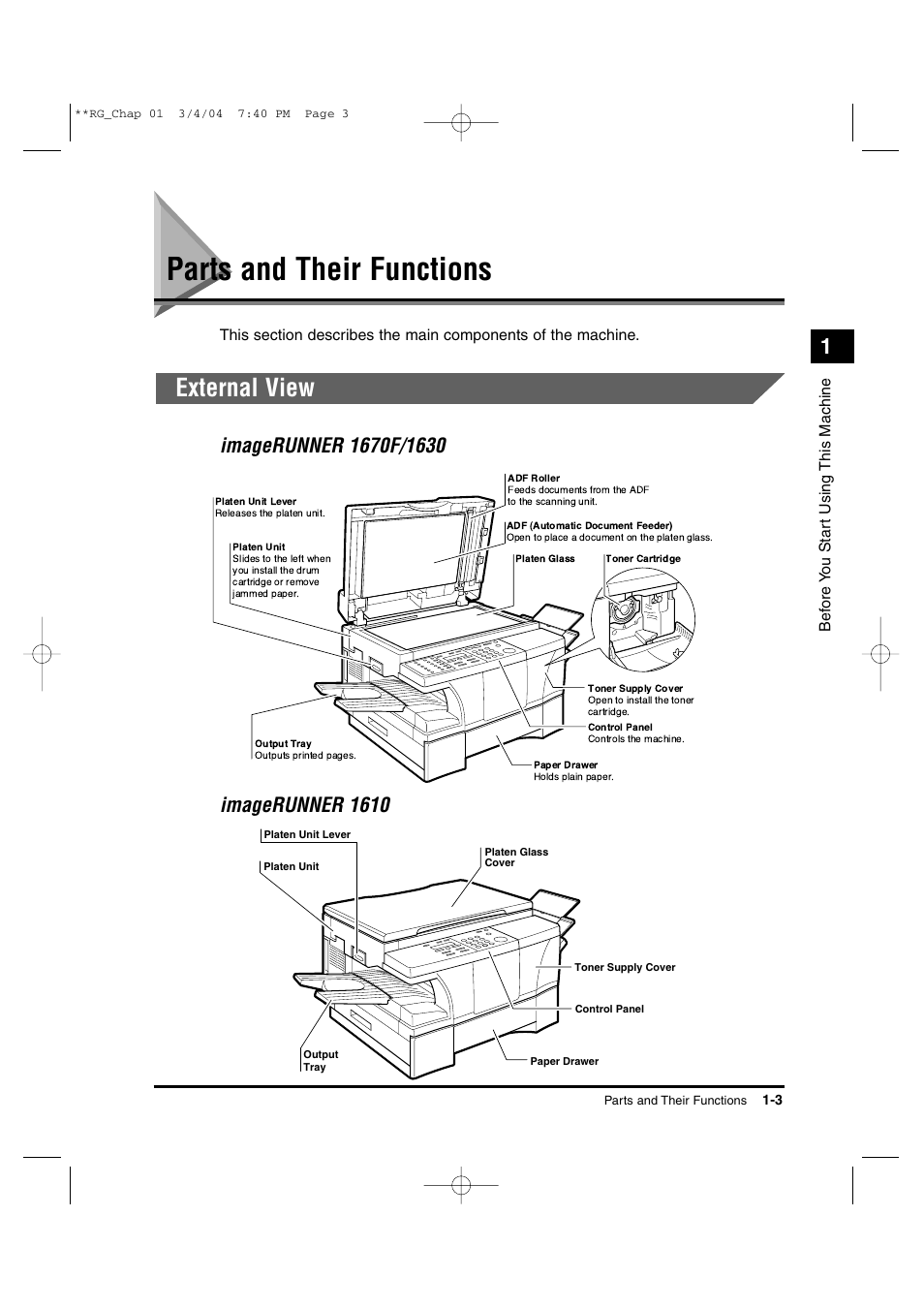 Parts and their functions, External view | Canon IMAGERUNNER 1670F User Manual | Page 24 / 134