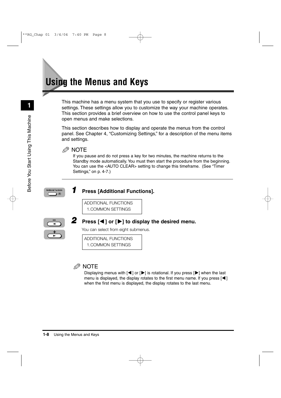 Using the menus and keys | Canon IMAGERUNNER 1670F User Manual | Page 29 / 134