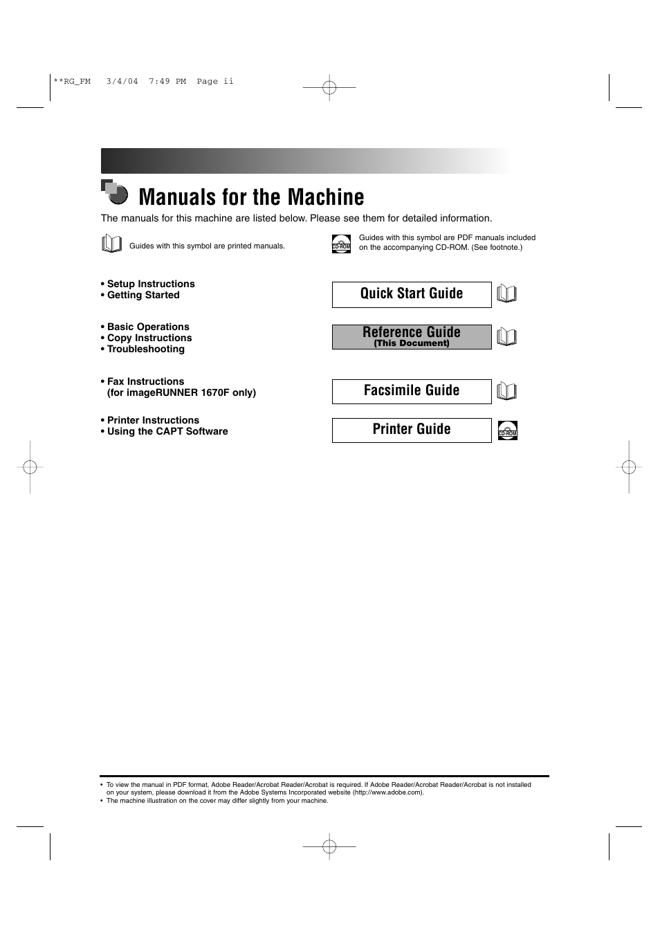 Manuals for the machine, Printer guide facsimile guide reference guide, Quick start guide | Canon IMAGERUNNER 1670F User Manual | Page 3 / 134