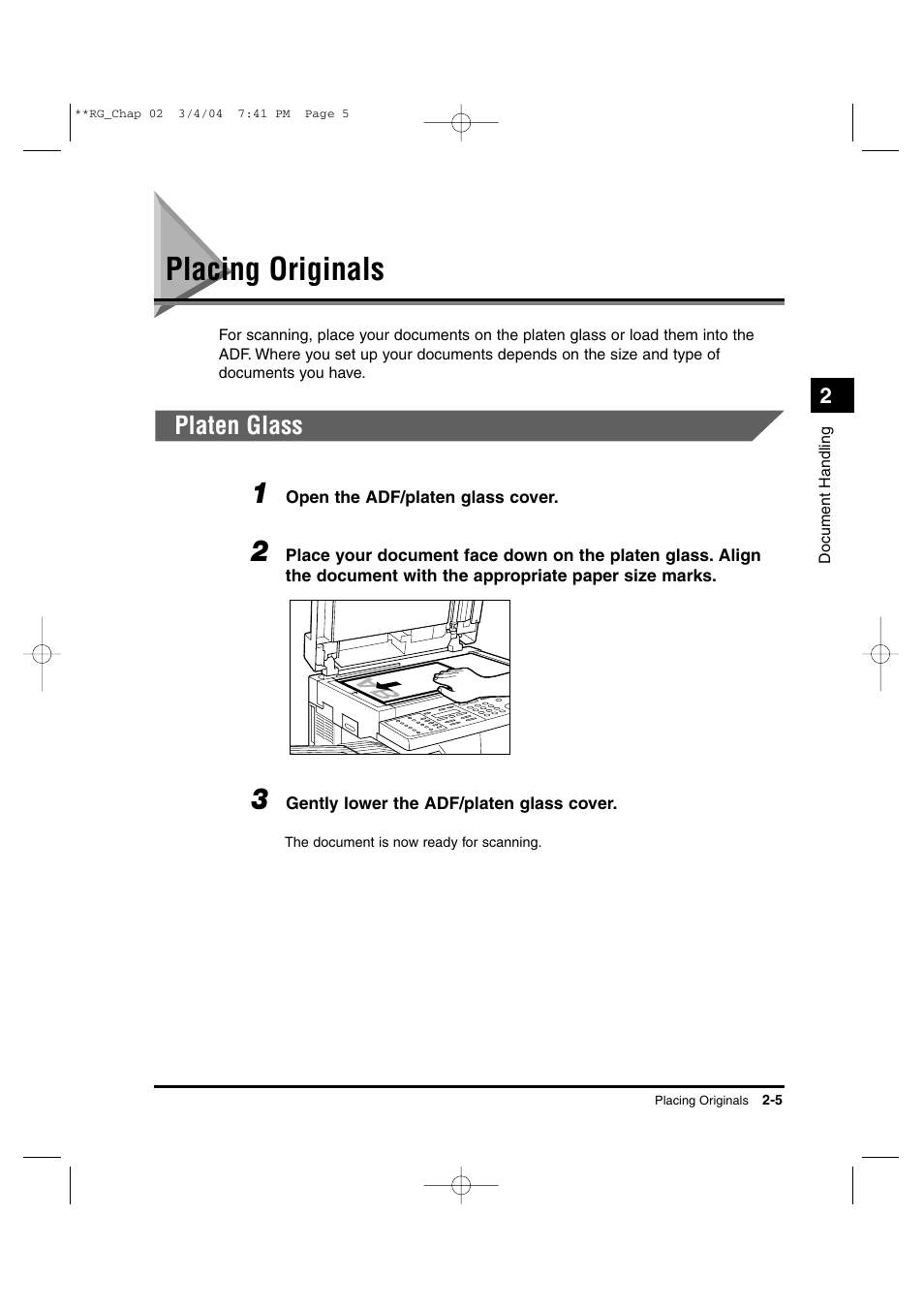 Placing originals, Platen glass | Canon IMAGERUNNER 1670F User Manual | Page 36 / 134