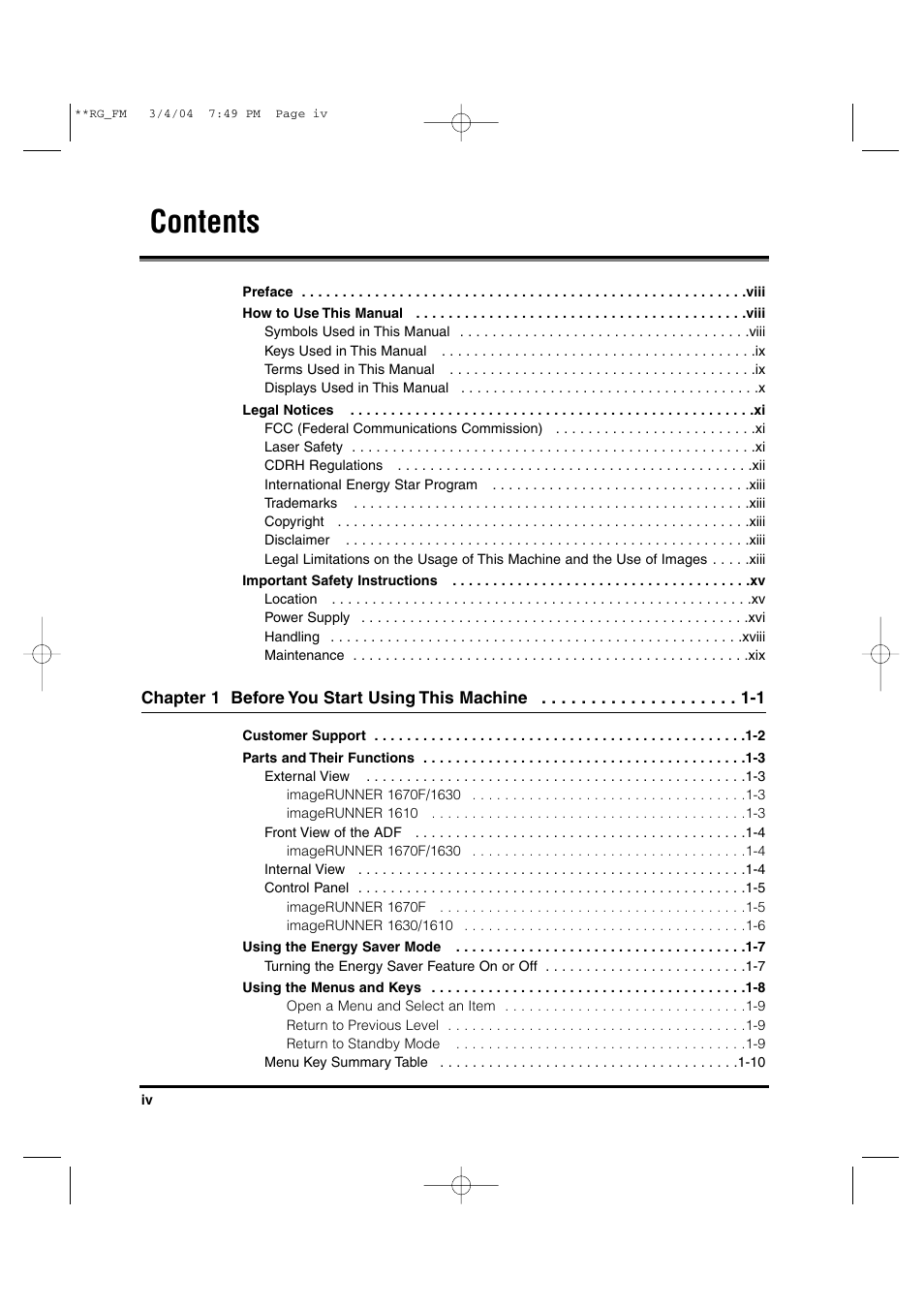 Canon IMAGERUNNER 1670F User Manual | Page 5 / 134