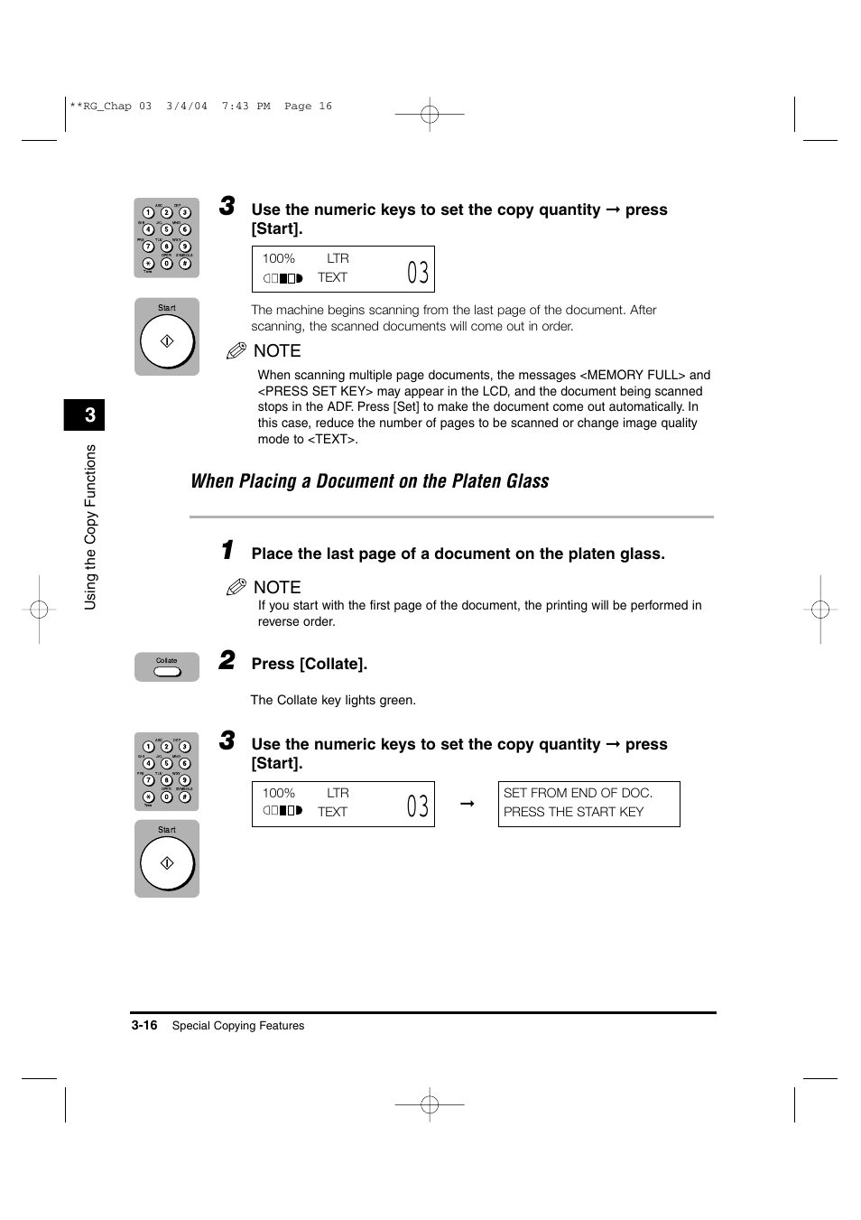 When placing a document on the platen glass, Press [collate, Using the cop y functions | Canon IMAGERUNNER 1670F User Manual | Page 57 / 134