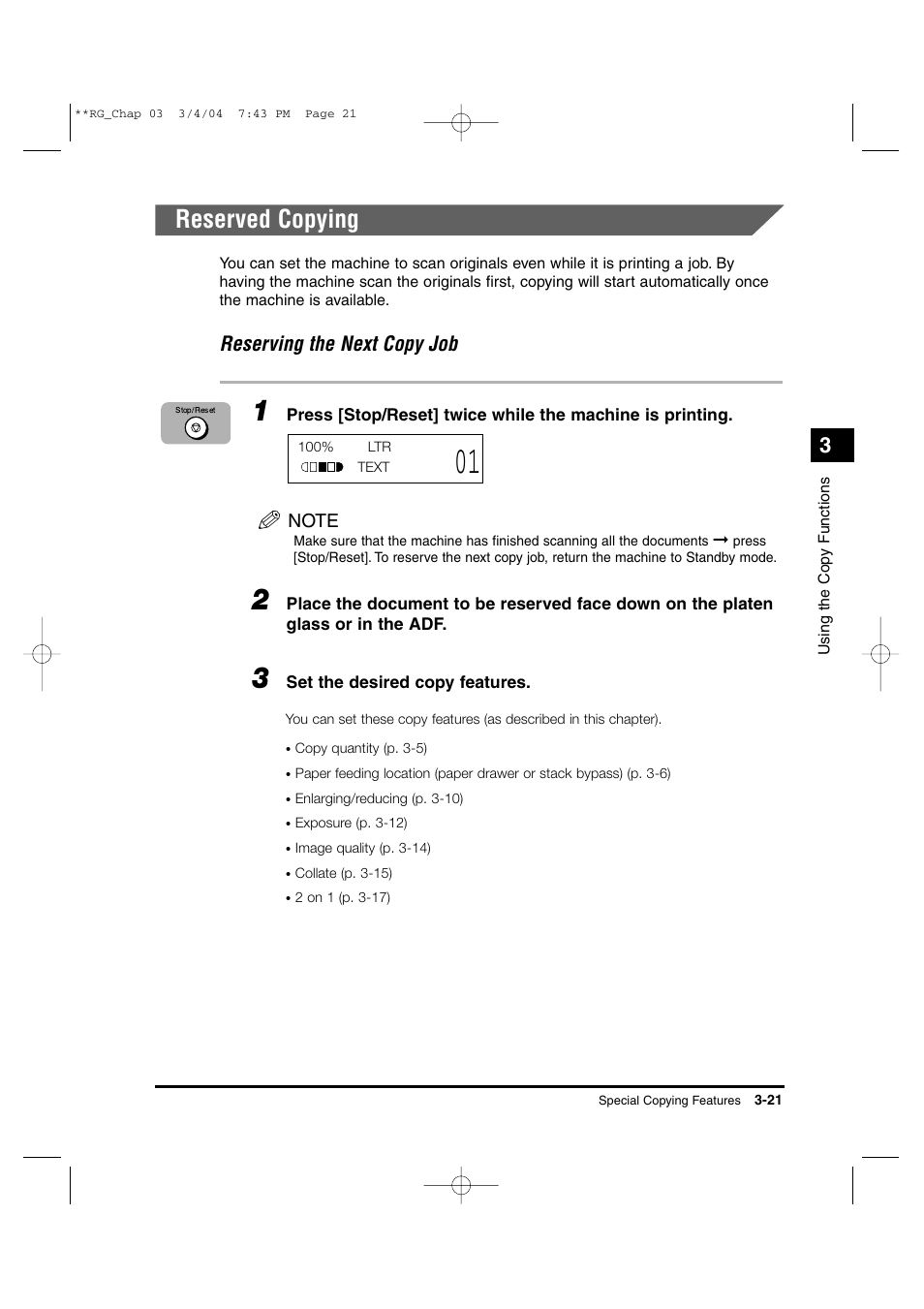 Reserved copying, Reserving the next copy job | Canon IMAGERUNNER 1670F User Manual | Page 62 / 134