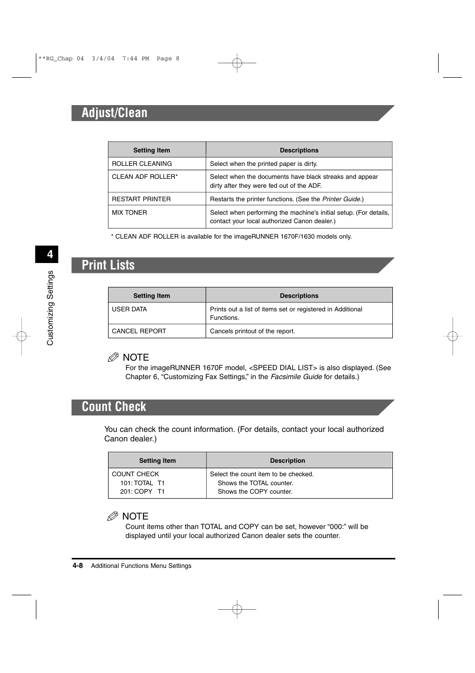 Adjust/clean, Print lists, Count check | Canon IMAGERUNNER 1670F User Manual | Page 77 / 134