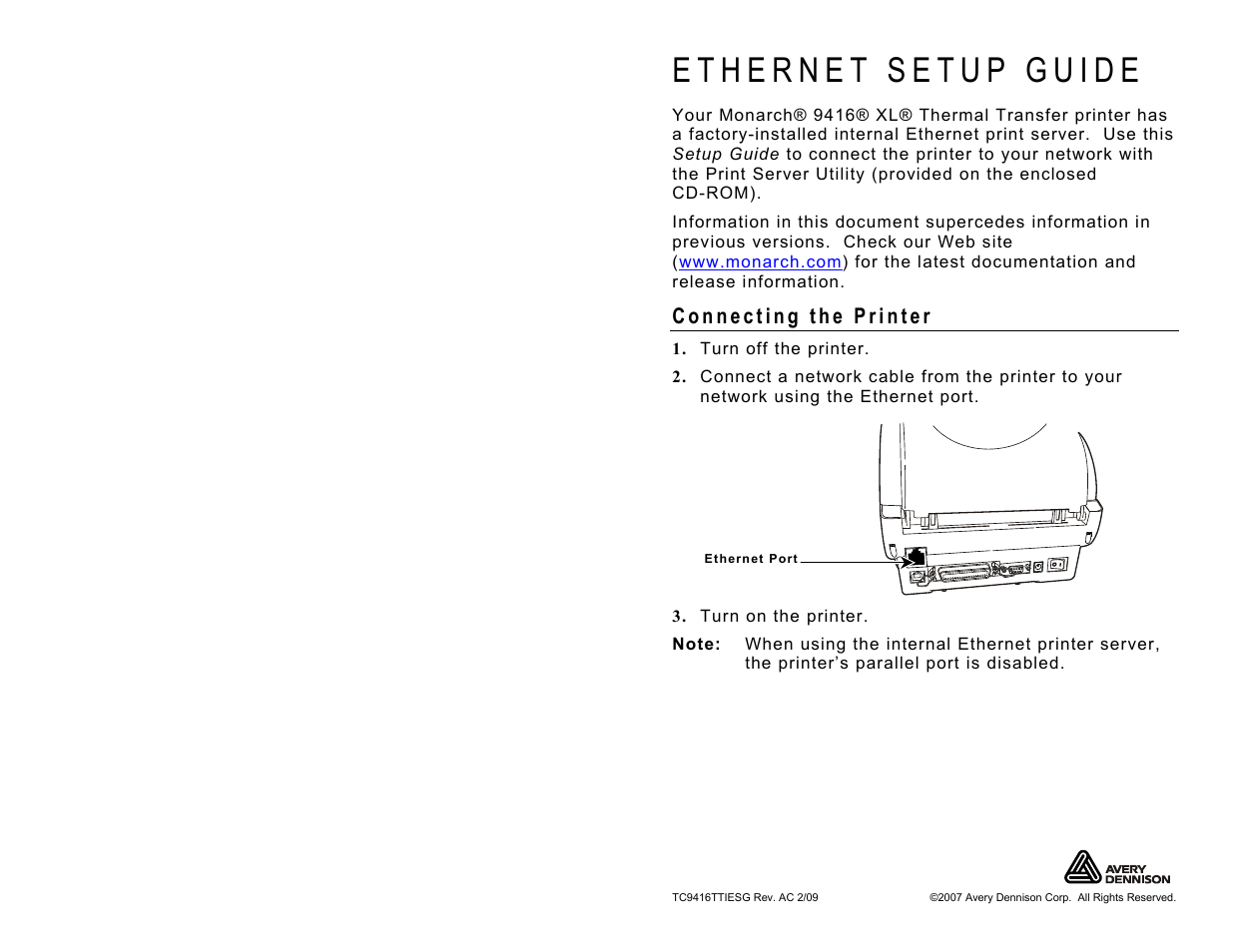 Avery Dennison Monarch 9416 XL Ethernet User Manual | 4 pages