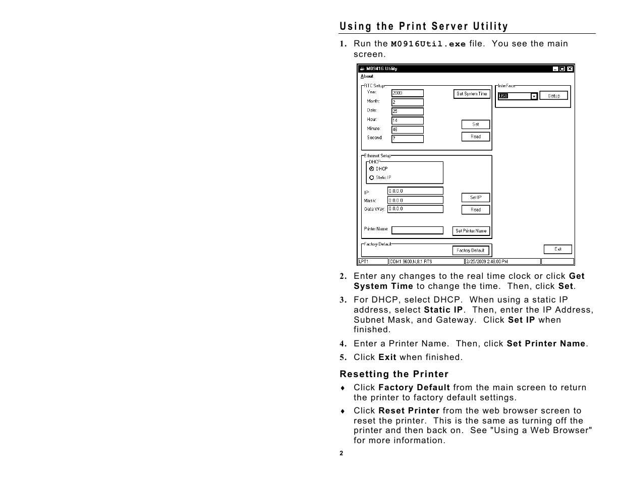 Using the print server utility, Resetting the printer | Avery Dennison Monarch 9416 XL Ethernet User Manual | Page 2 / 4