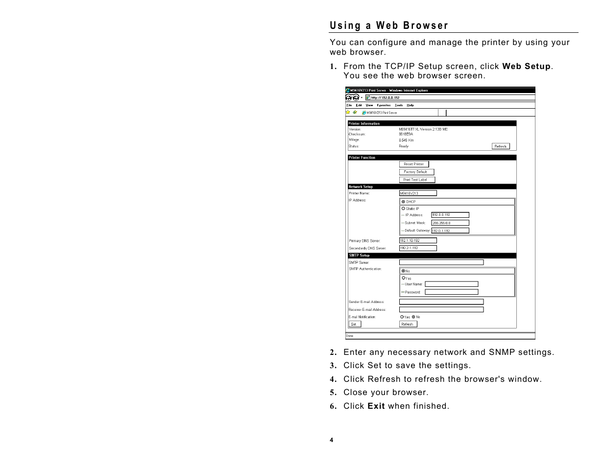 Using a web browser | Avery Dennison Monarch 9416 XL Ethernet User Manual | Page 4 / 4