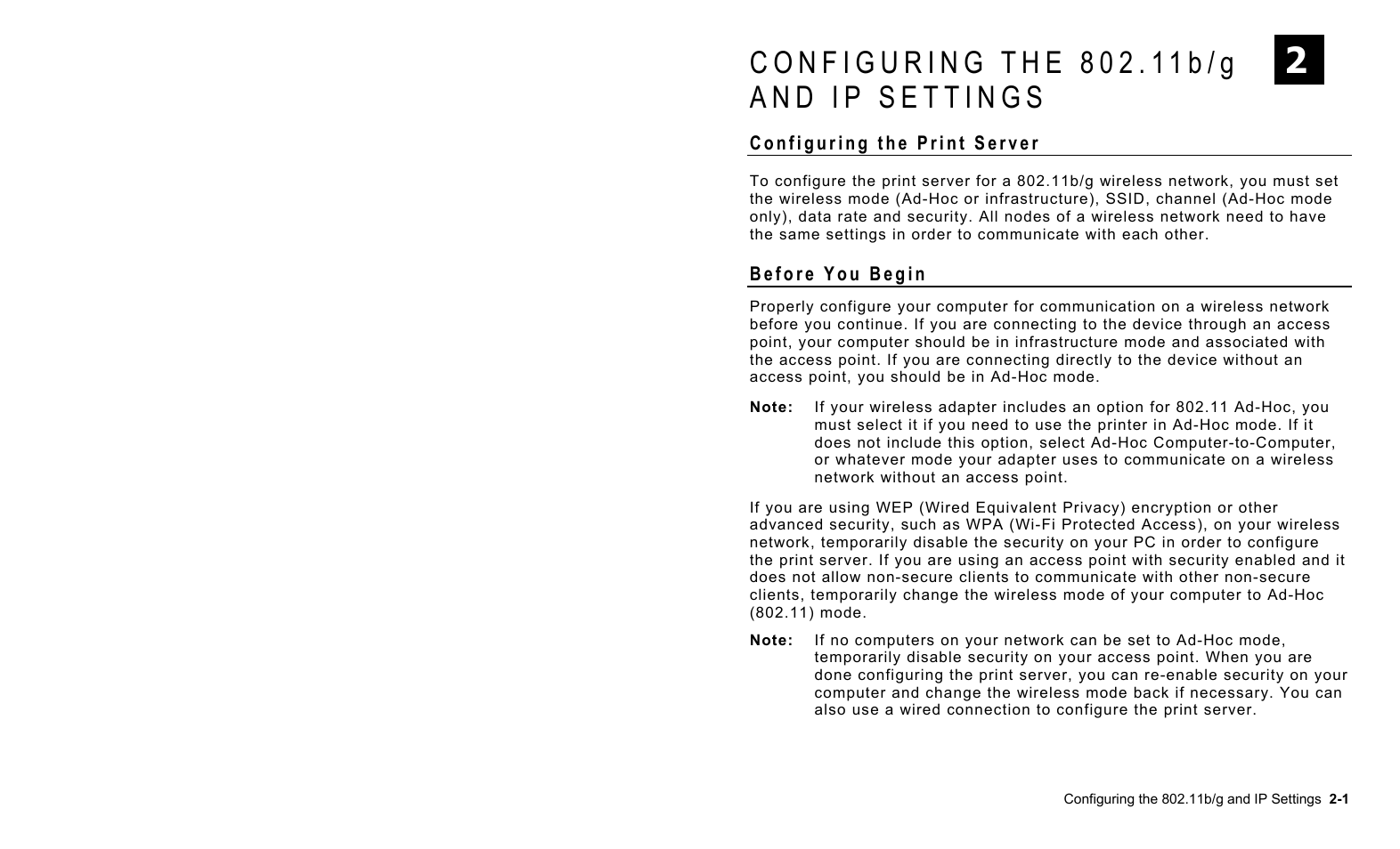 Configuring the 802.11b/g and ip settings, Configuring the print server, Before you begin | Configuring the 802.11b/g and ip settings -1, Configuring the print server -1, Before you begin -1 | Avery Dennison 7411 Print Server User Manual | Page 13 / 84