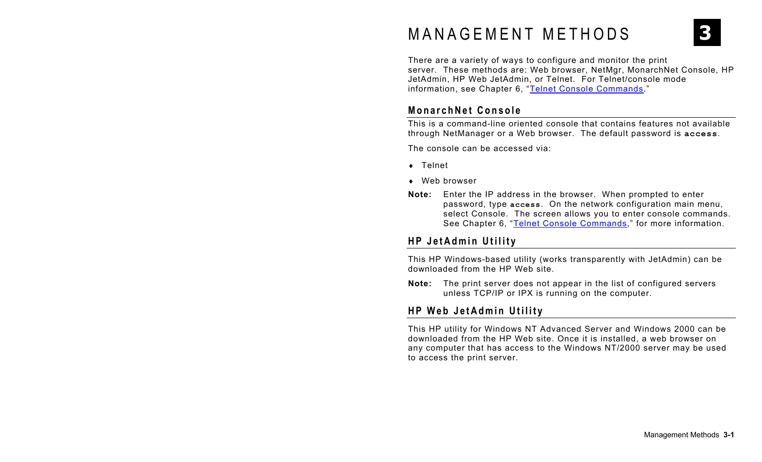 Management methods, Monarchnet console, Hp jetadmin utility | Hp web jetadmin utility, Management methods -1, Monarchnet console -1, Hp jetadmin utility -1, Hp web jetadmin utility -1 | Avery Dennison 7411 Print Server User Manual | Page 17 / 84