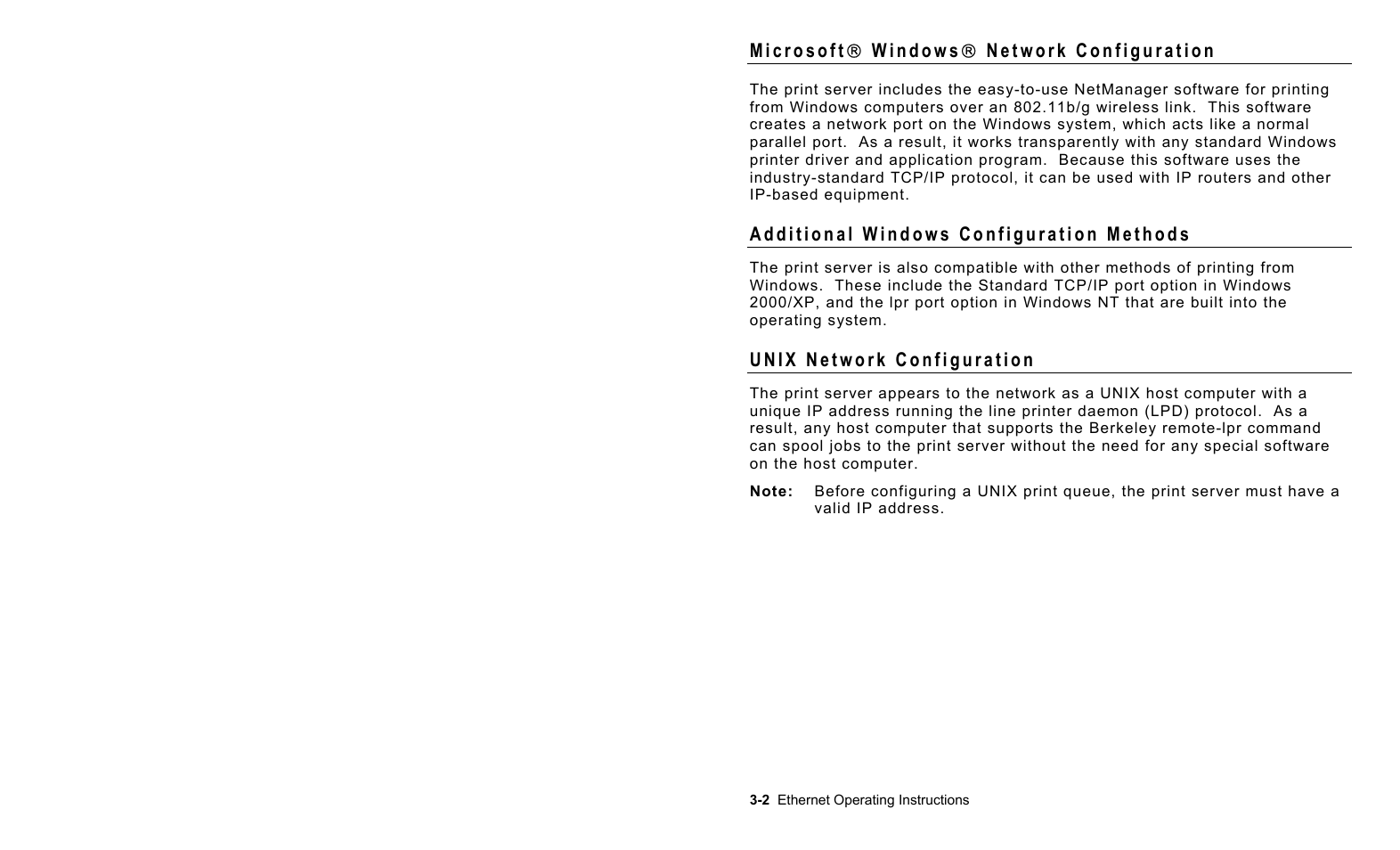 Microsoft( windows( network configuration, Additional windows configuration methods, Unix network configuration | Microsoft, Windows network configuration -2, Additional windows configuration methods -2, Unix network configuration -2 | Avery Dennison 7411 Print Server User Manual | Page 18 / 84