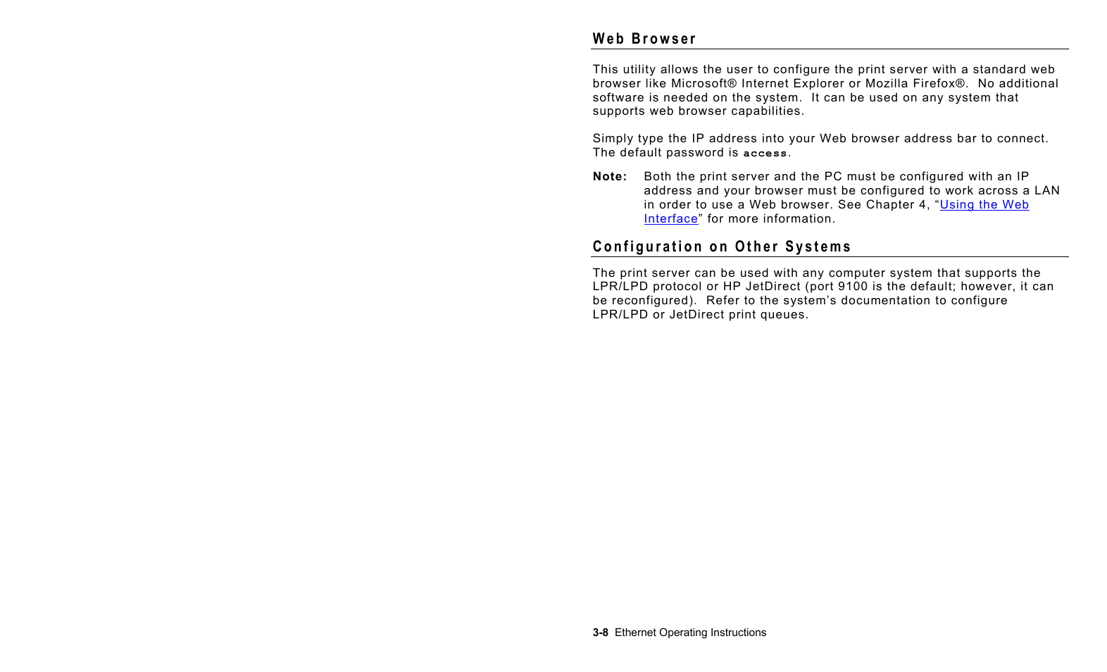 Web browser, Configuration on other systems, Web browser -8 | Configuration on other systems -8 | Avery Dennison 7411 Print Server User Manual | Page 24 / 84