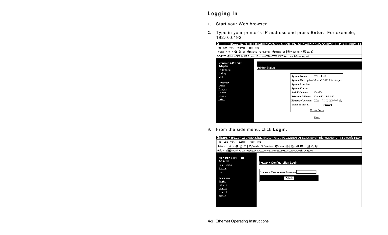 Logging in, Logging in -2 | Avery Dennison 7411 Print Server User Manual | Page 26 / 84