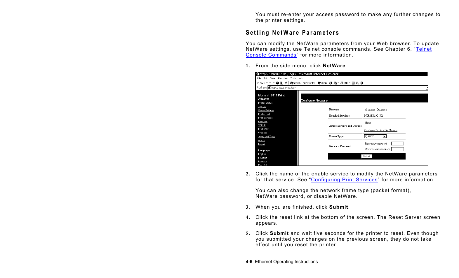 Setting netware parameters, Setting netware parameters -6 | Avery Dennison 7411 Print Server User Manual | Page 30 / 84