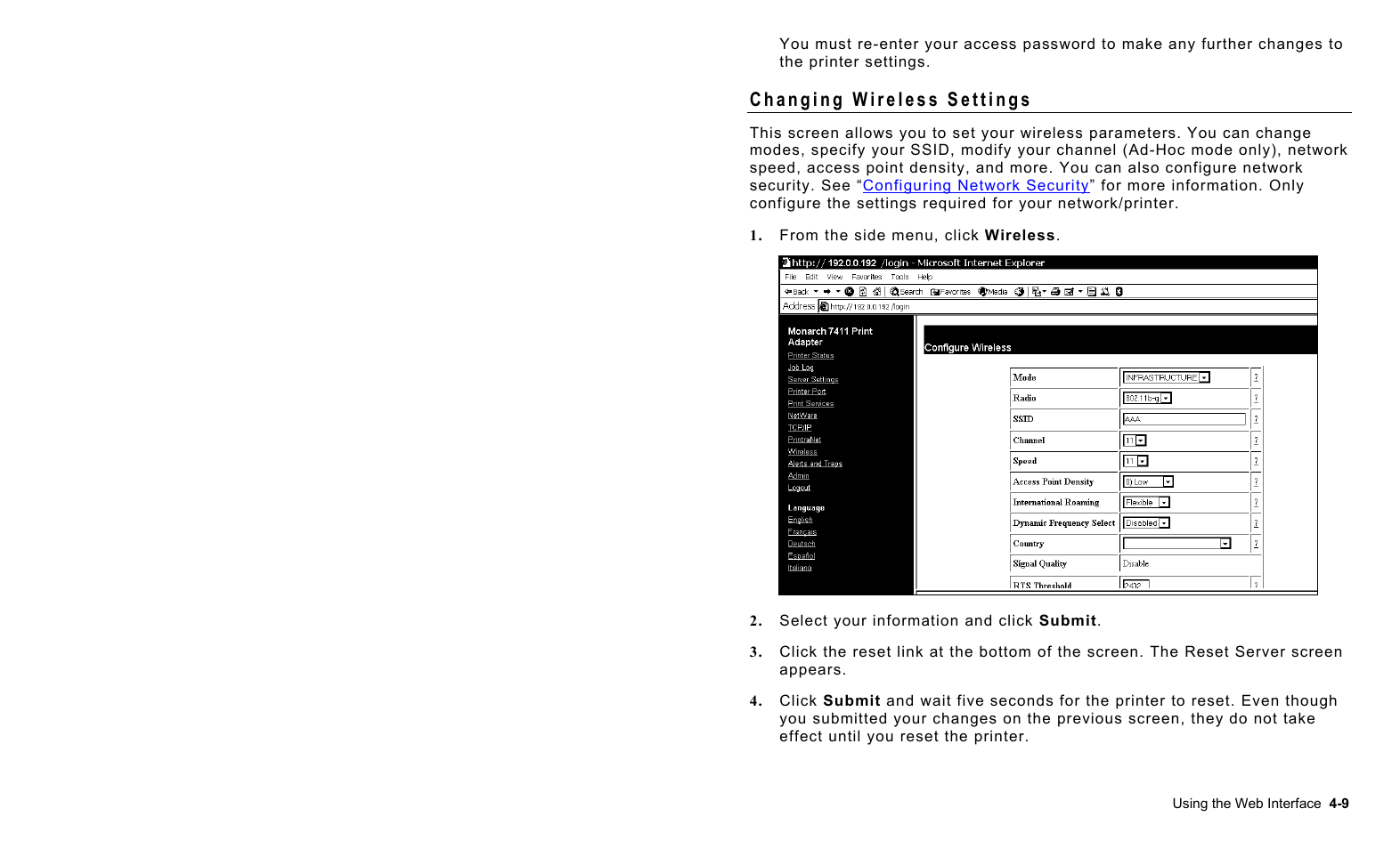 Changing wireless settings, Changing wireless settings -9 | Avery Dennison 7411 Print Server User Manual | Page 33 / 84