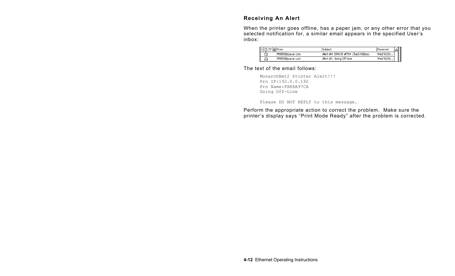 Receiving an alert, Receiving an alert -12 | Avery Dennison 7411 Print Server User Manual | Page 36 / 84