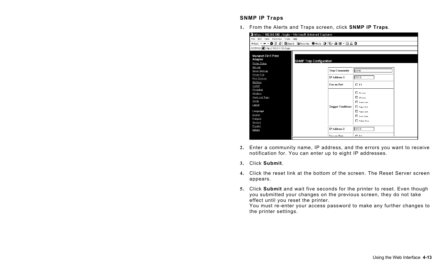 Snmp ip traps, Snmp ip traps -13 | Avery Dennison 7411 Print Server User Manual | Page 37 / 84