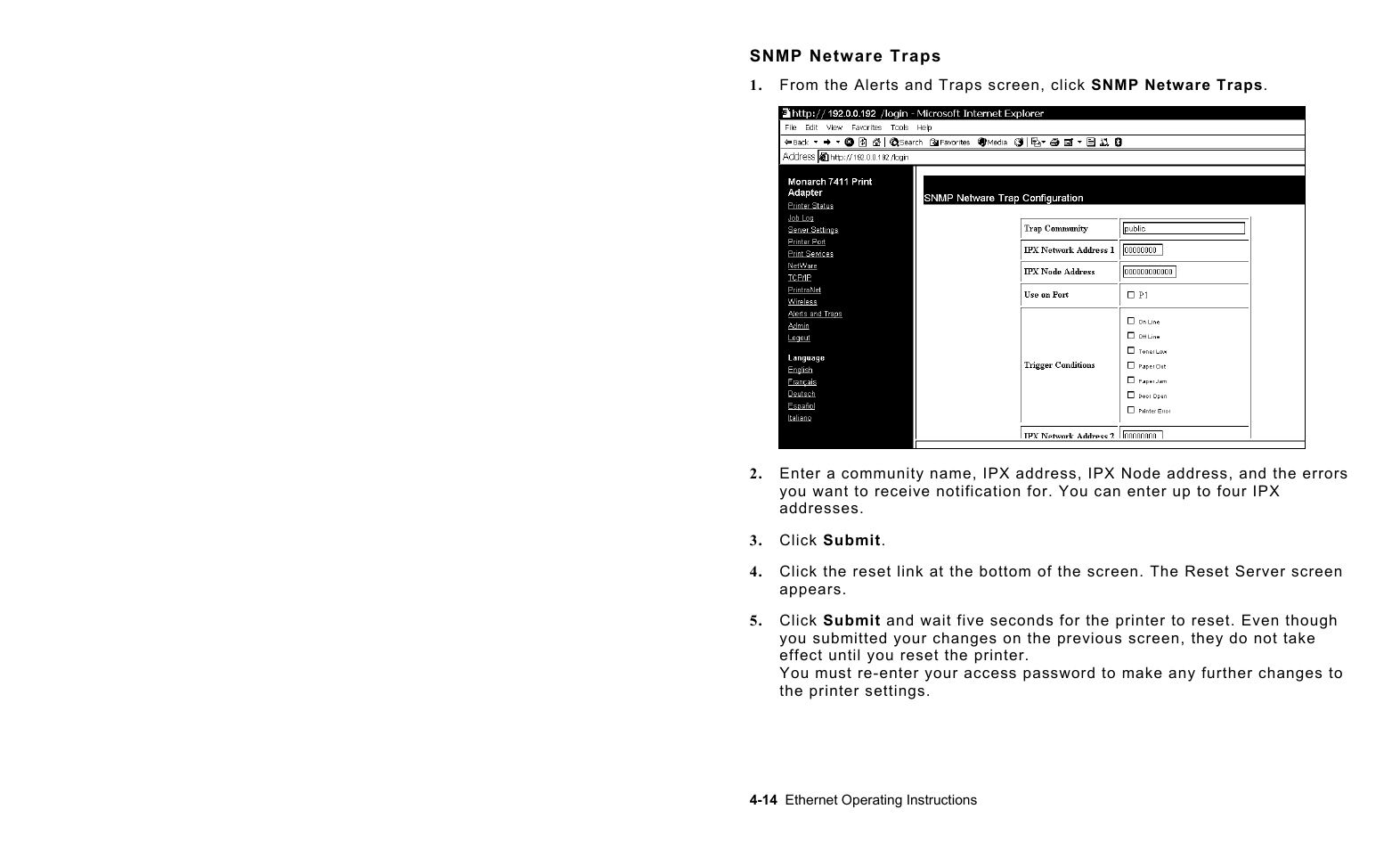 Snmp netware traps, Snmp netware traps -14 | Avery Dennison 7411 Print Server User Manual | Page 38 / 84