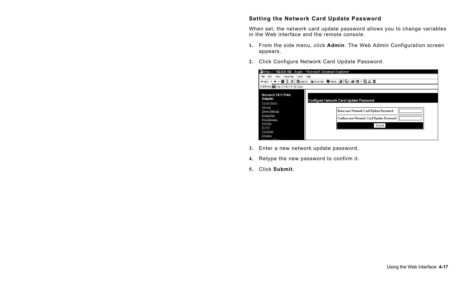 Setting the network card update password, Setting the network card update password -17 | Avery Dennison 7411 Print Server User Manual | Page 41 / 84