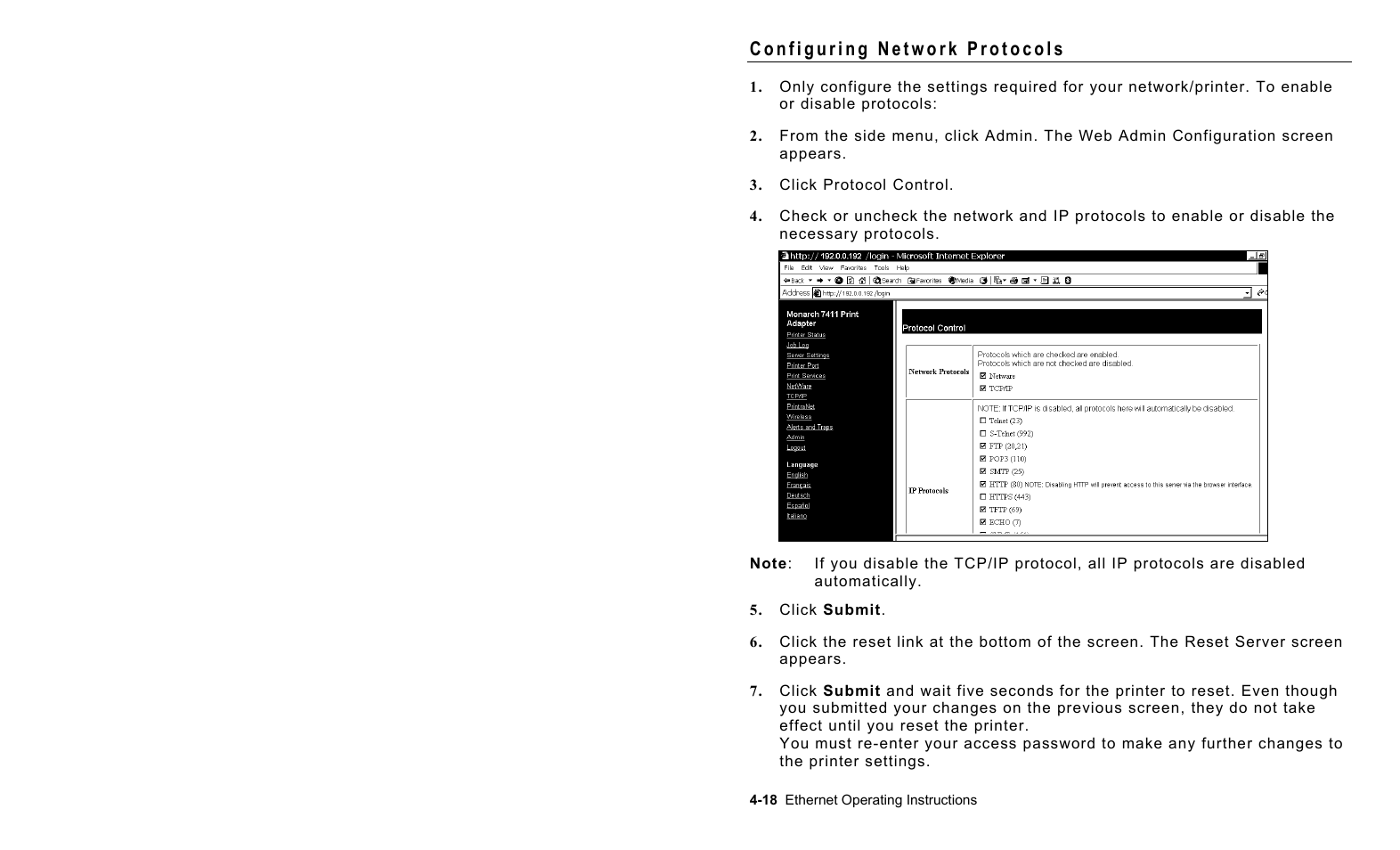 Configuring network protocols, Configuring network protocols -18 | Avery Dennison 7411 Print Server User Manual | Page 42 / 84