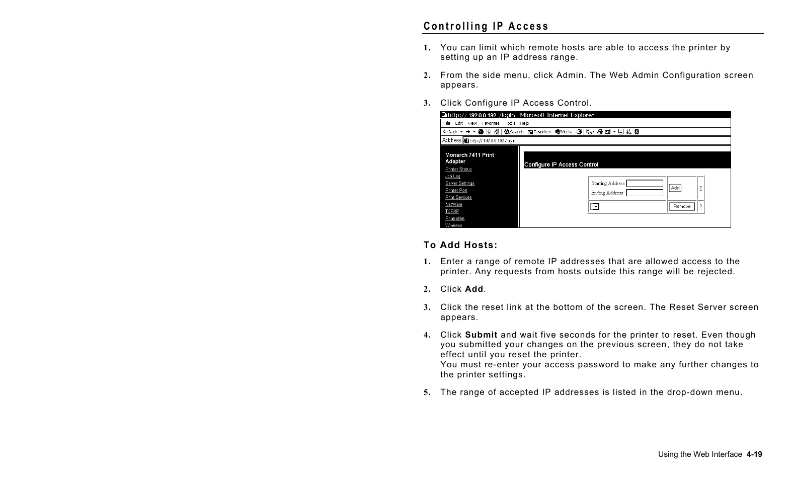 Controlling ip access, To add hosts, Controlling ip access -19 | To add hosts: -19 | Avery Dennison 7411 Print Server User Manual | Page 43 / 84