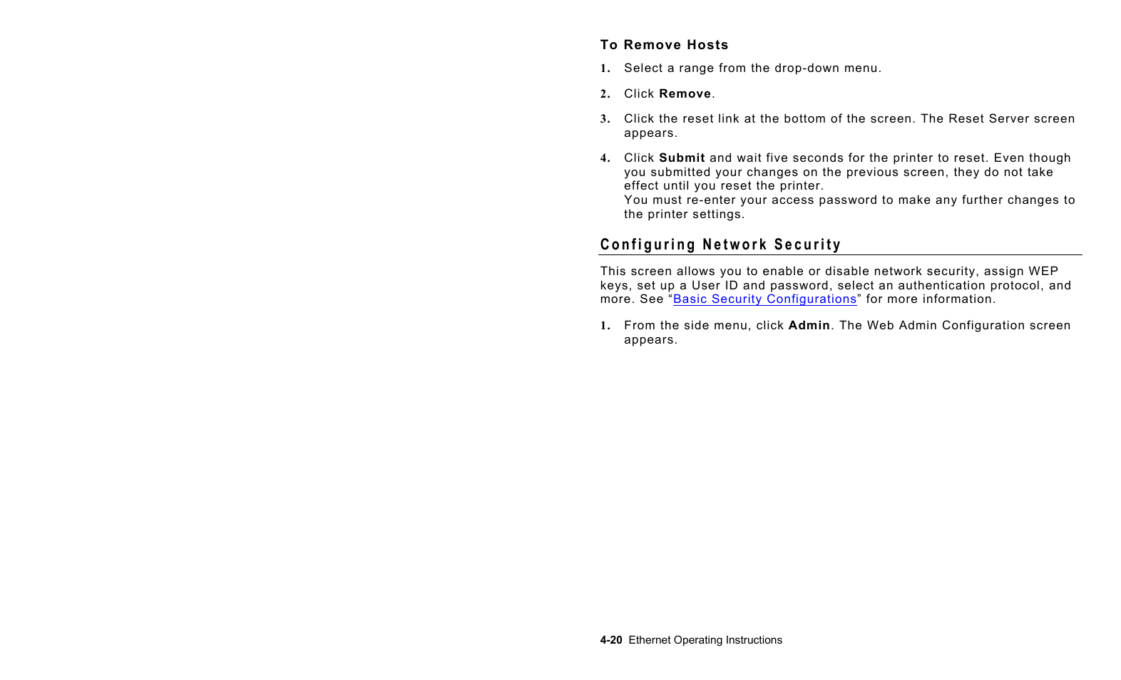 To remove hosts, Configuring network security, To remove hosts -20 | Configuring network security -20 | Avery Dennison 7411 Print Server User Manual | Page 44 / 84