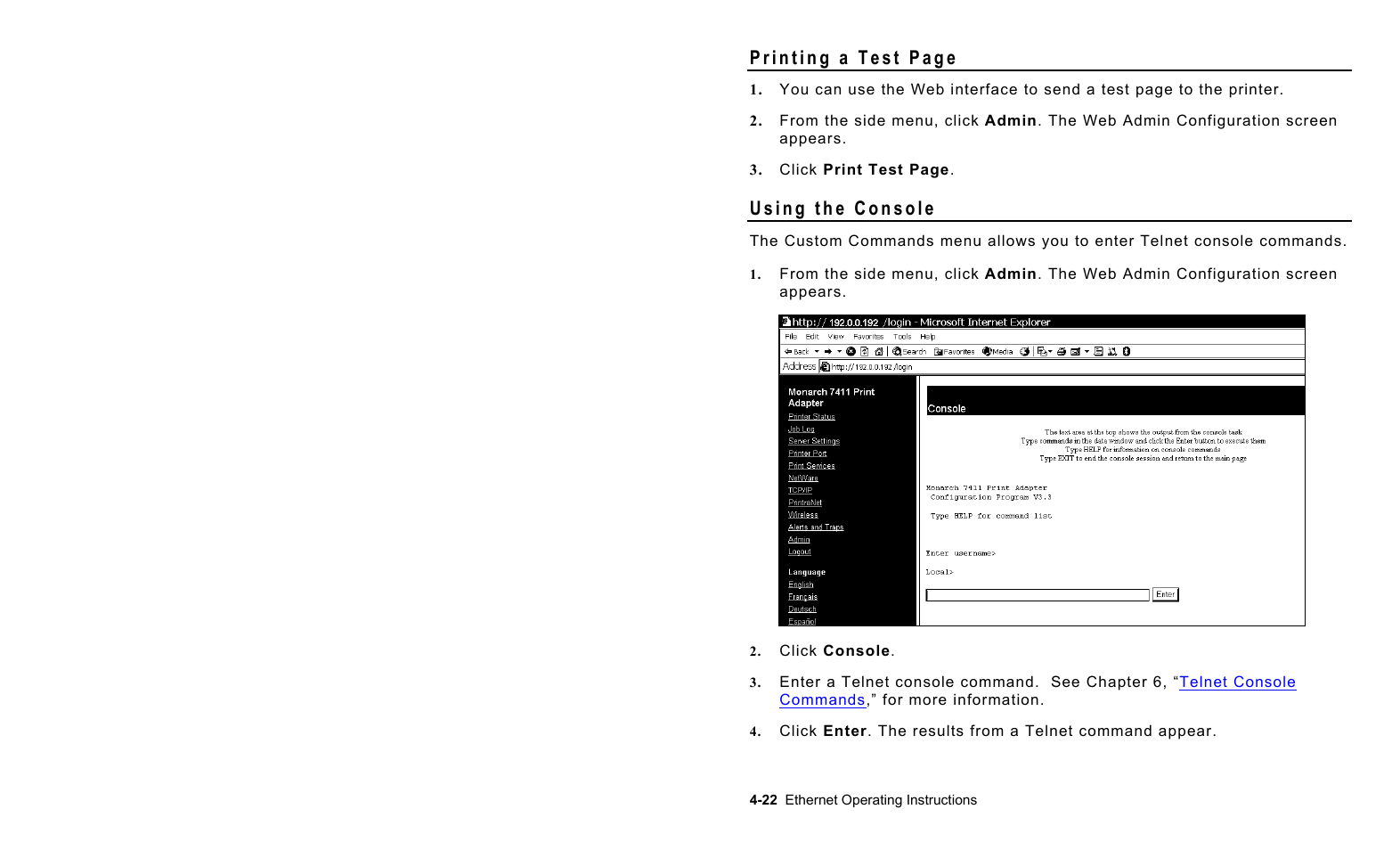 Using the console, Using the console -22 | Avery Dennison 7411 Print Server User Manual | Page 46 / 84