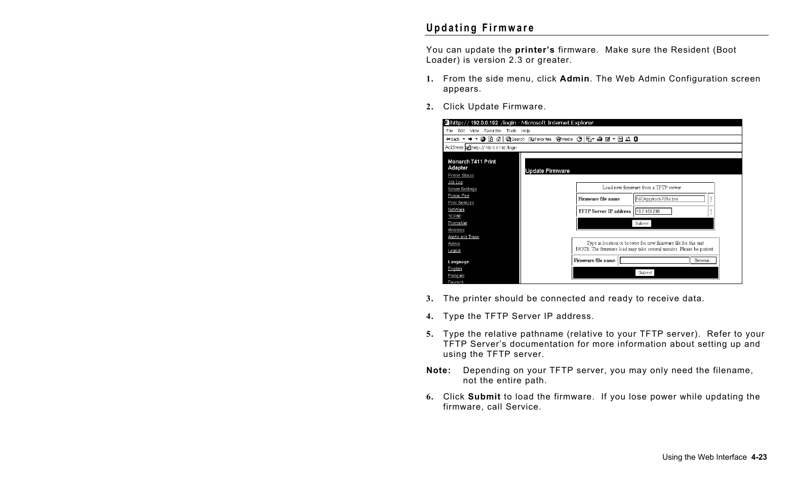 Updating firmware, Updating firmware -23 | Avery Dennison 7411 Print Server User Manual | Page 47 / 84