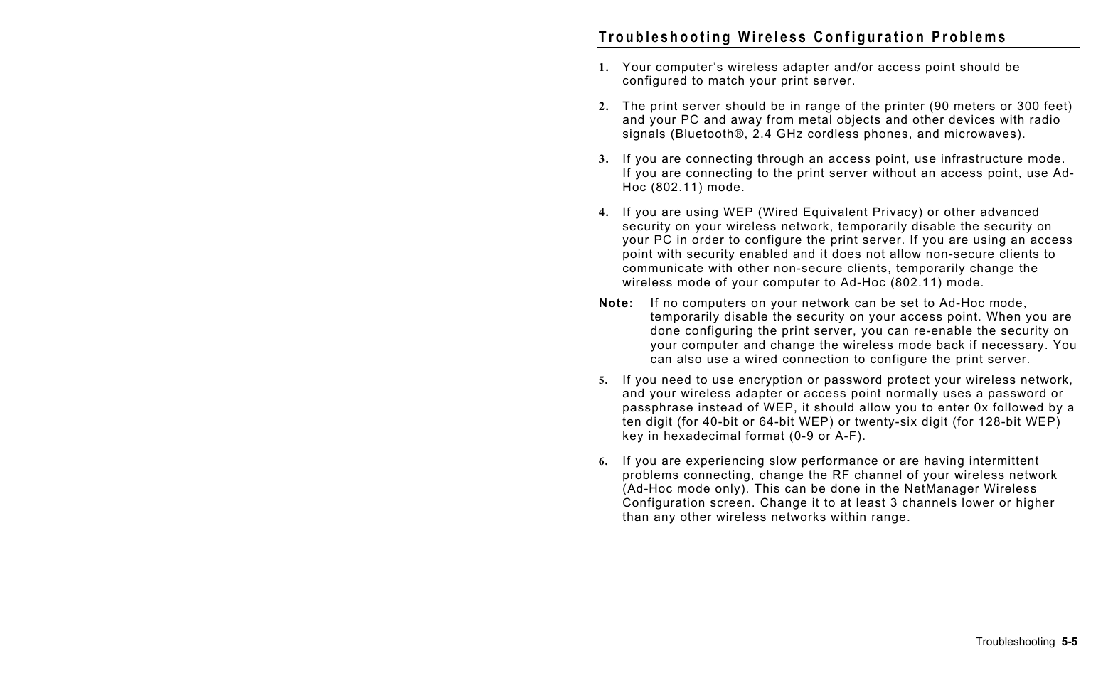 Troubleshooting wireless configuration problems, Troubleshooting wireless configuration problems -5 | Avery Dennison 7411 Print Server User Manual | Page 55 / 84