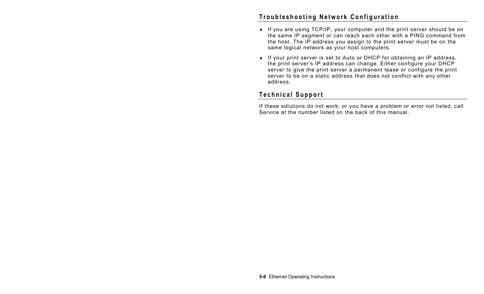 Troubleshooting network configuration, Technical support, Troubleshooting network configuration -6 | Technical support -6 | Avery Dennison 7411 Print Server User Manual | Page 56 / 84