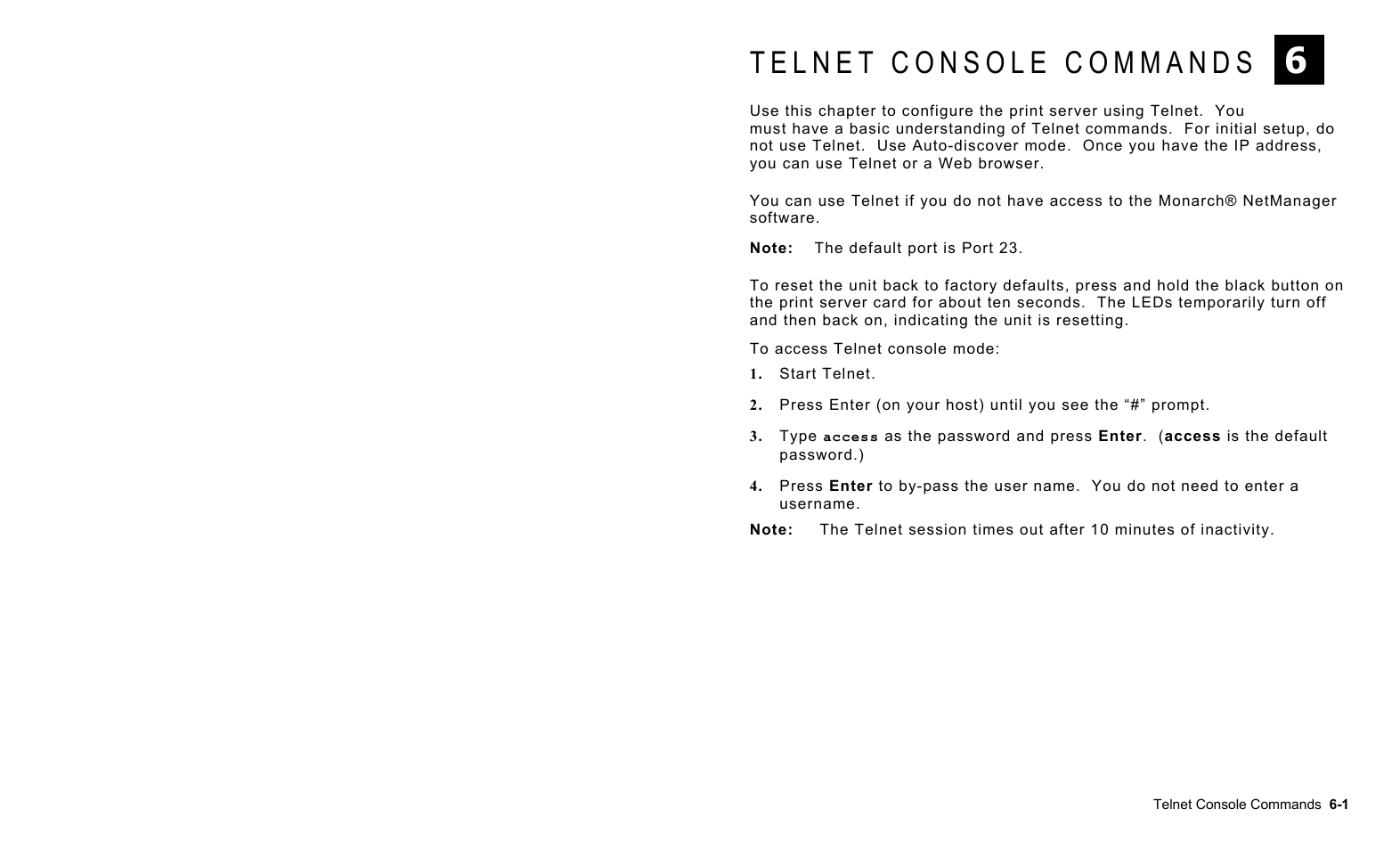 Telnet console commands, Telnet console commands -1, Telnet | Console commands | Avery Dennison 7411 Print Server User Manual | Page 57 / 84