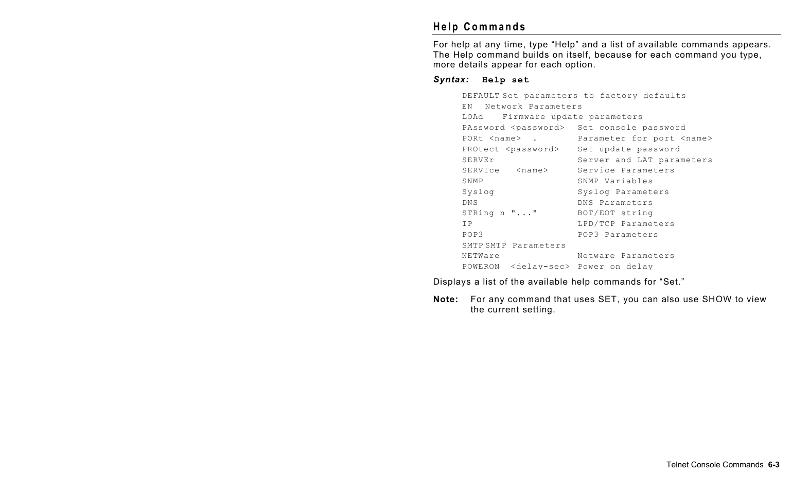 Help commands, Help commands -3 | Avery Dennison 7411 Print Server User Manual | Page 59 / 84