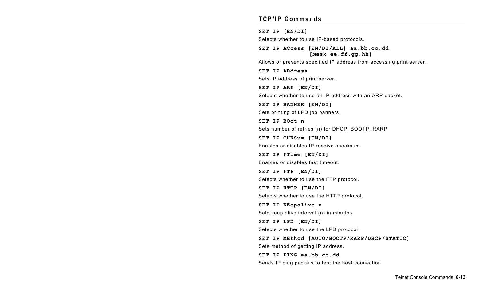 Tcp/ip commands, Tcp/ip commands -13 | Avery Dennison 7411 Print Server User Manual | Page 69 / 84