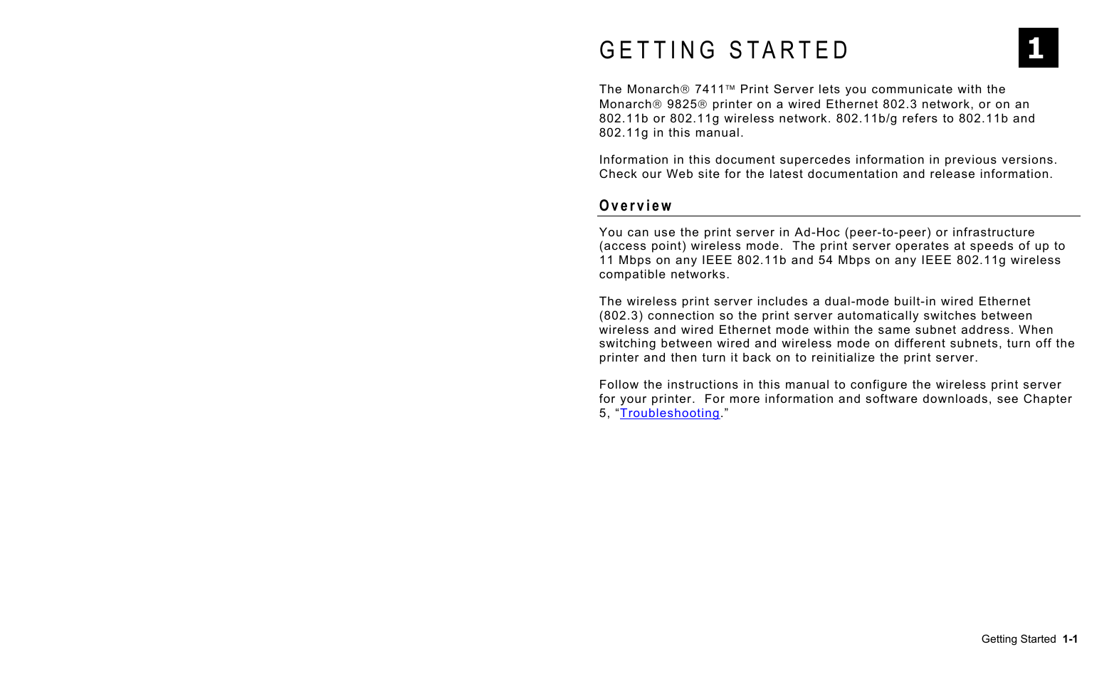 Getting started, Overview, Getting started -1 | Overview -1 | Avery Dennison 7411 Print Server User Manual | Page 7 / 84