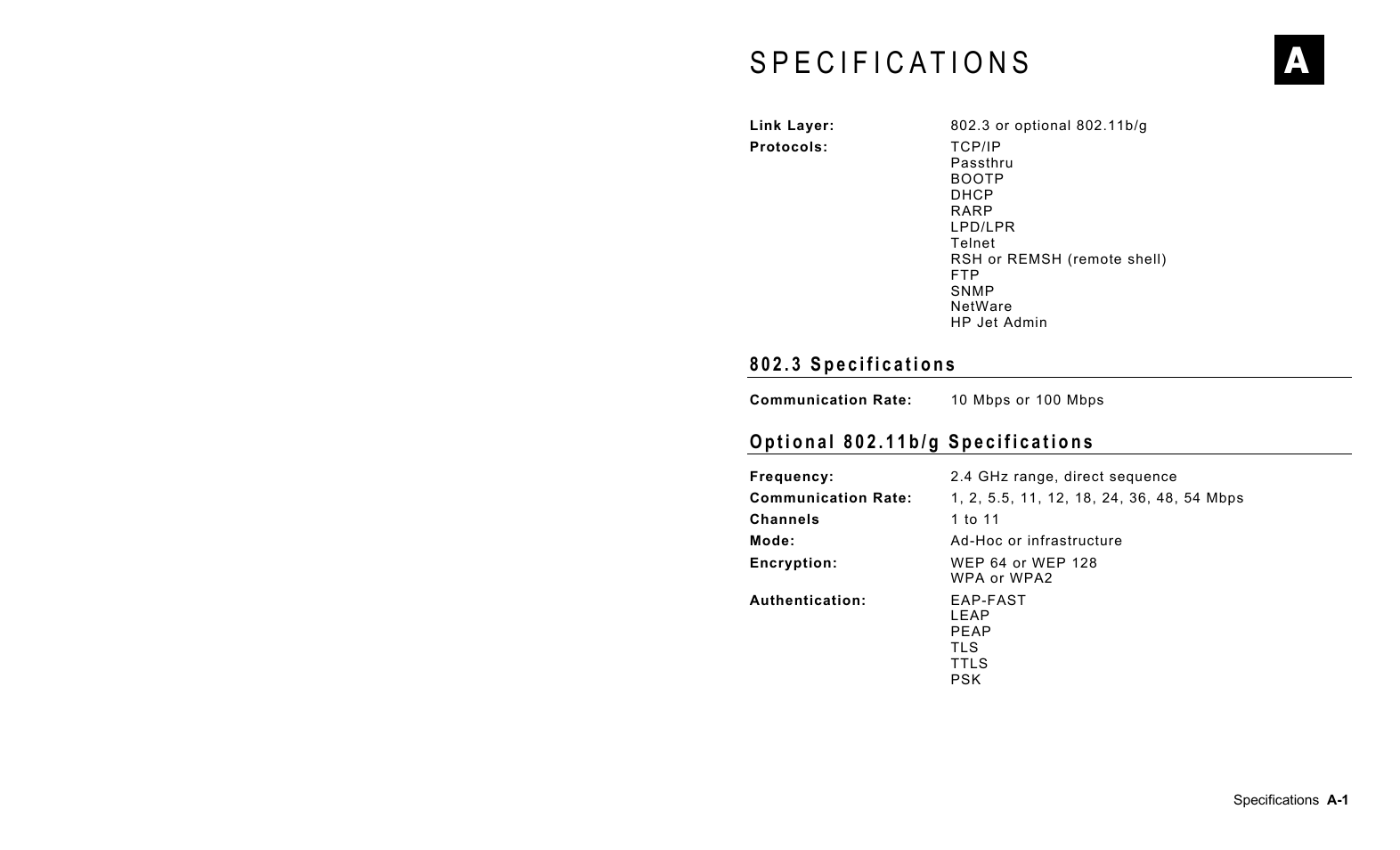 Specifications, 3 specifications, Optional 802.11b/g specifications | Avery Dennison 7411 Print Server User Manual | Page 73 / 84