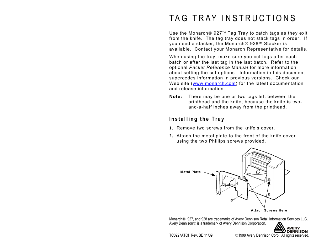 Avery Dennison Monarch 928 Tag Tray User Manual | 4 pages