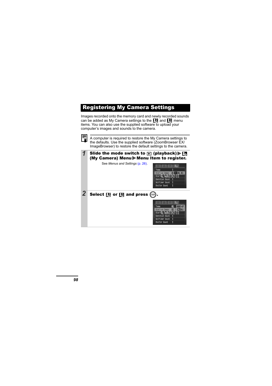 Registering my camera settings, Settings, P. 98) | Canon 65 User Manual | Page 100 / 138