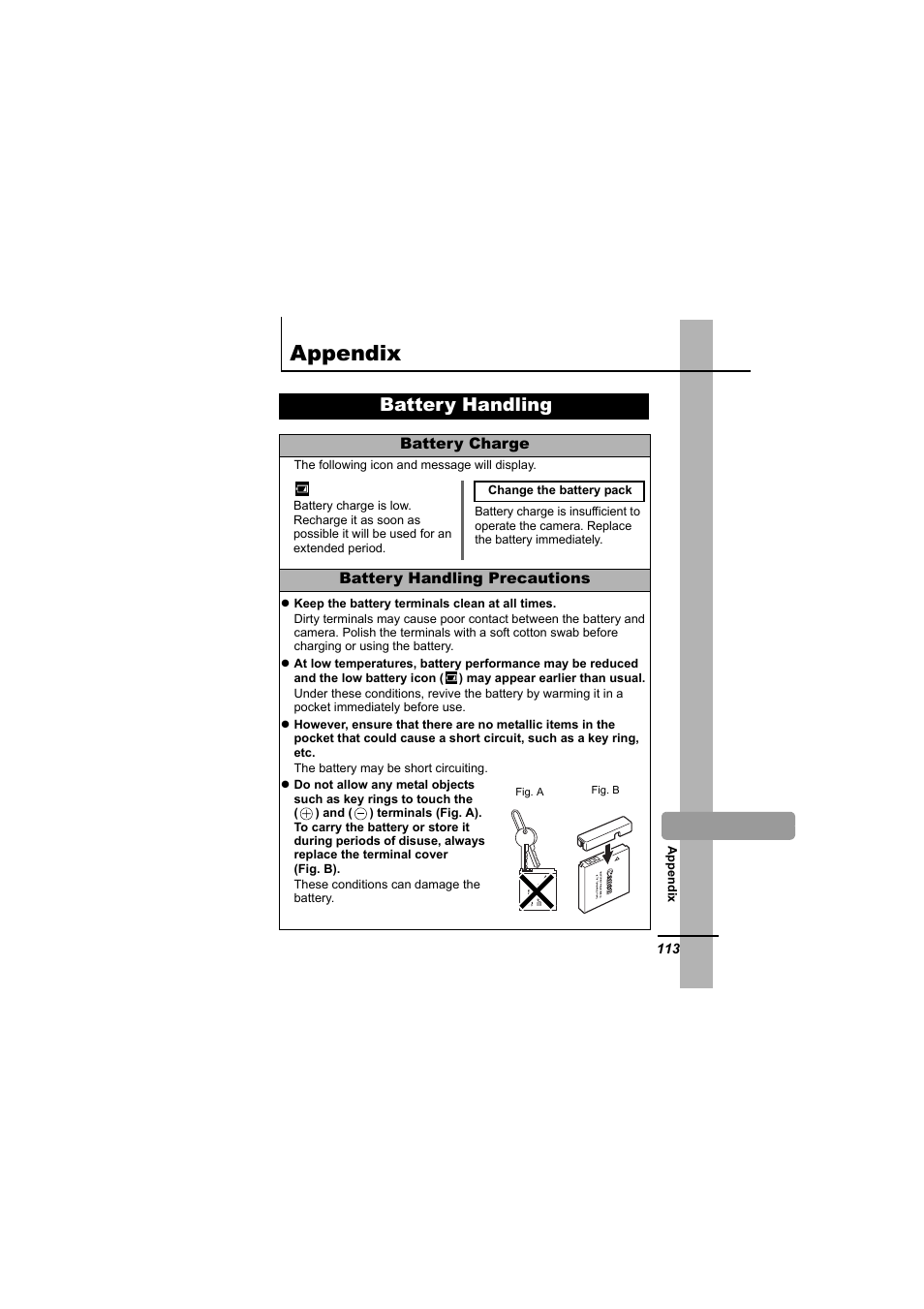 Appendix, Battery handling, Low battery | P. 113) | Canon 65 User Manual | Page 115 / 138