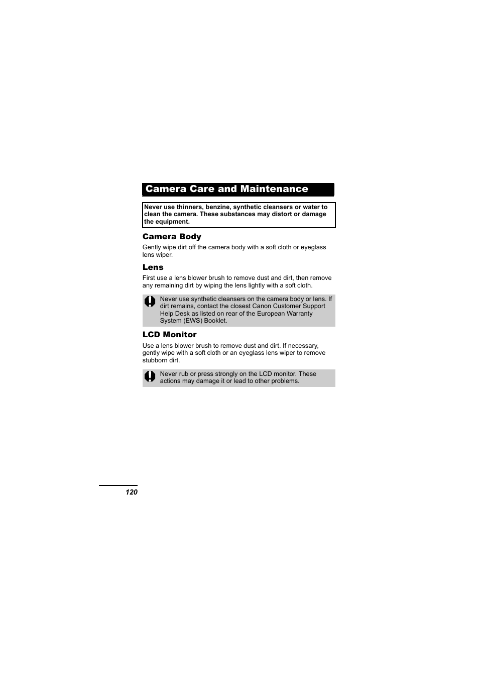 Camera care and maintenance | Canon 65 User Manual | Page 122 / 138