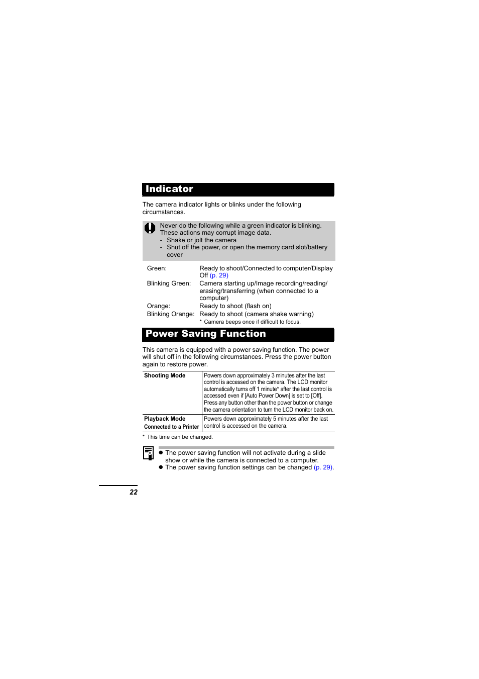 Indicator, Power saving function, Indicator power saving function | Dicator, P. 22) | Canon 65 User Manual | Page 24 / 138