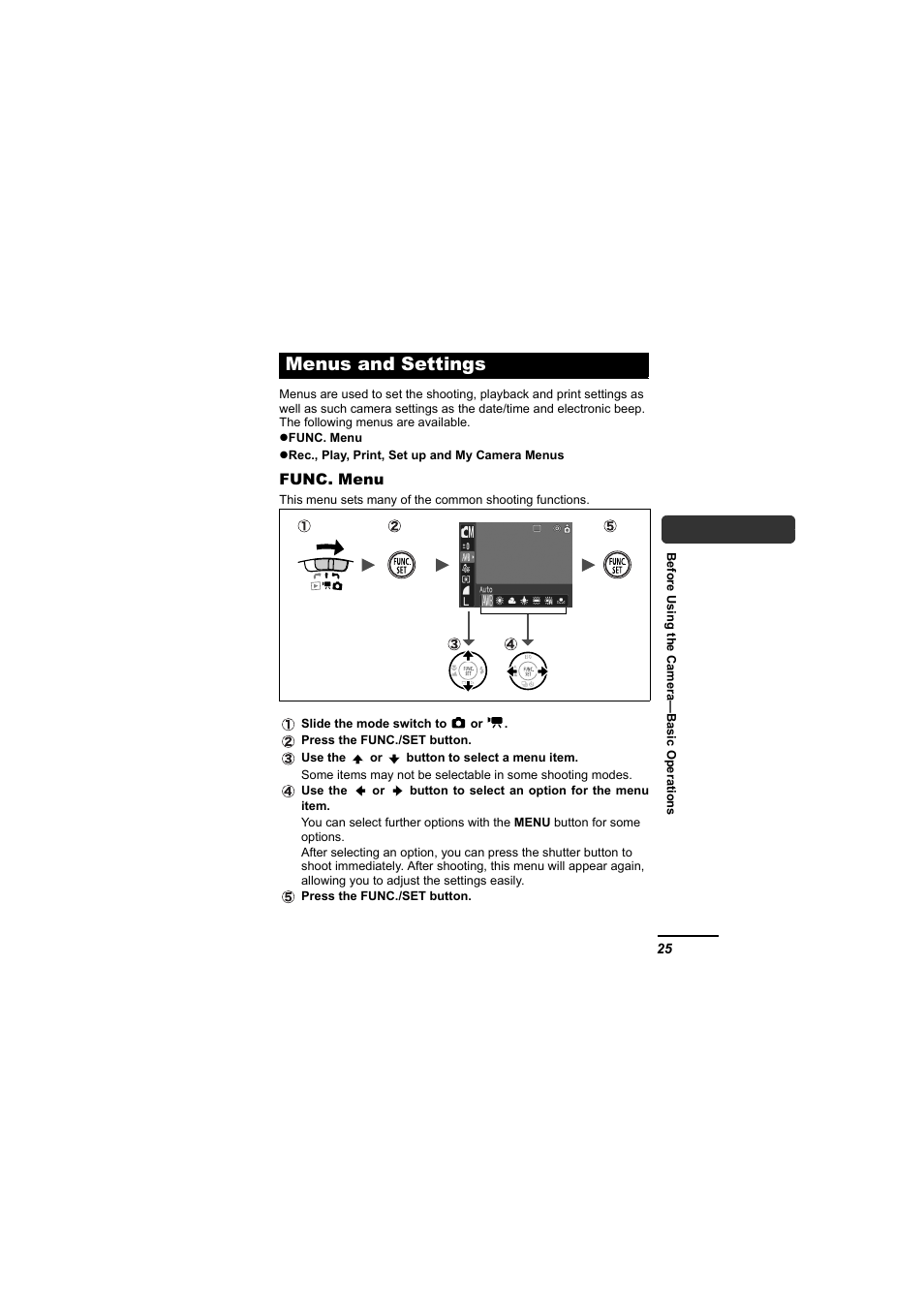 Menus and settings, Button, P. 25) | Canon 65 User Manual | Page 27 / 138