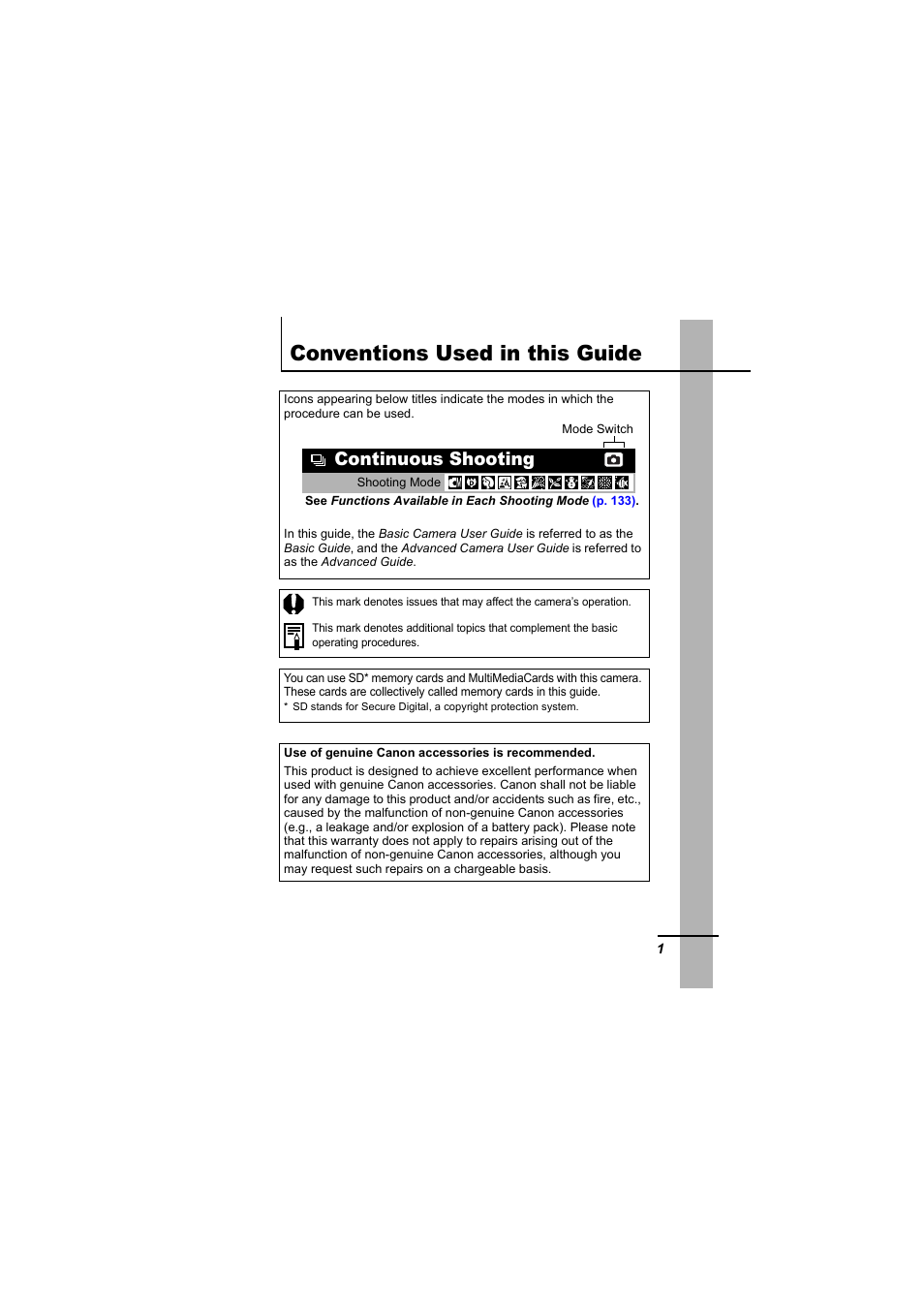 Conventions used in this guide, Continuous shooting | Canon 65 User Manual | Page 3 / 138