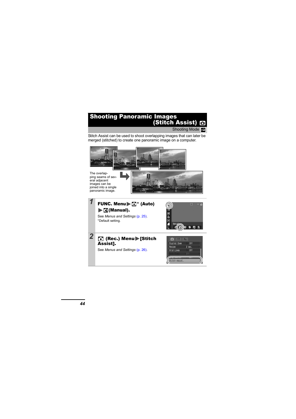 Shooting panoramic images (stitch assist), P. 44 | Canon 65 User Manual | Page 46 / 138