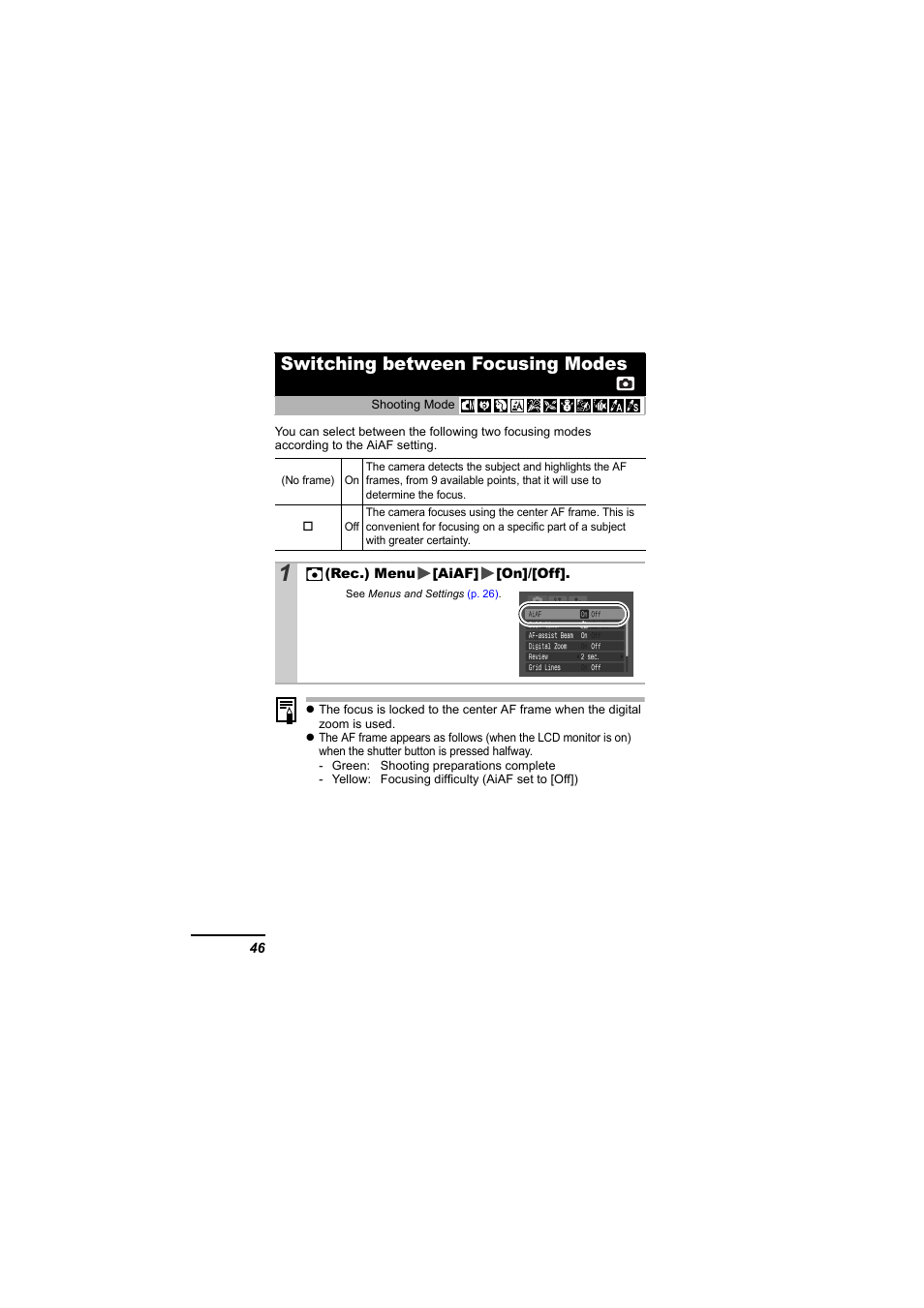 Switching between focusing modes, P. 46), P. 46 | Canon 65 User Manual | Page 48 / 138