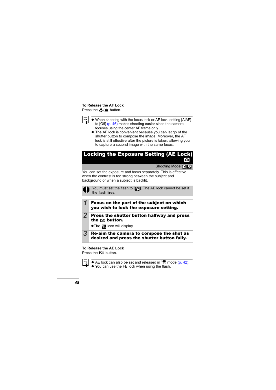 Locking the exposure setting (ae lock), Lock, P. 48) | Canon 65 User Manual | Page 50 / 138