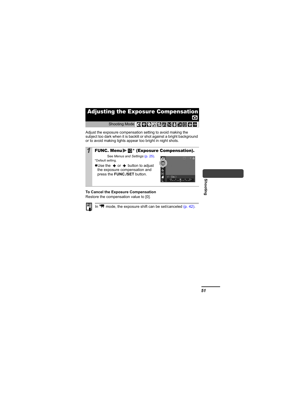 Adjusting the exposure compensation, P. 51), P. 51 | Canon 65 User Manual | Page 53 / 138